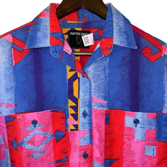 Vintage Frontier Series 90s Blue Pink Aztec Western Cowgirl Button Shirt Sz S - Picture 5 of 10
